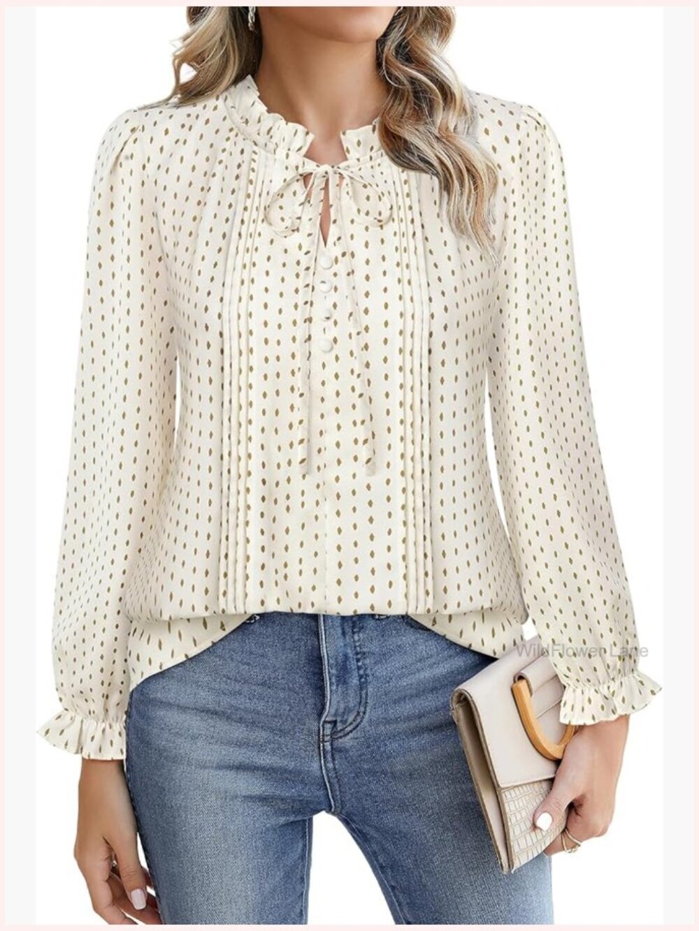 Long Sleeve Chiffon Blouse Ruffled V-Neck Business Casual Work Tops